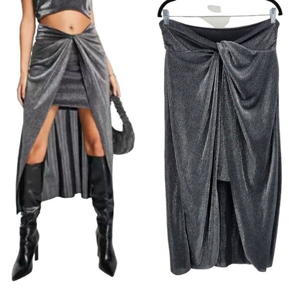 ALLSAINTS  Metallic Sami Hi-lo Mini Midi Skirt 12 Gunmetal Wrap Knot Night Out - Picture 1 of 16